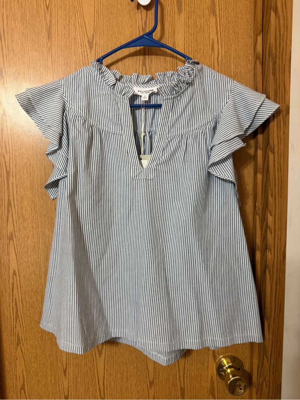 eesome Blue and White Striped Ruffle Sleeve Tunic